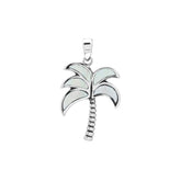 Shimmering palm tree pendant in sterling silver with Mother of Pearl inlay and textured trunk, artisan-crafted for elegant tropical style.